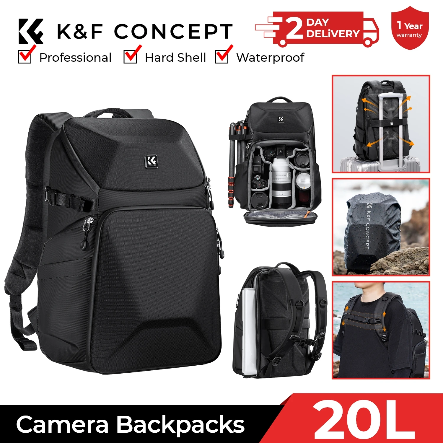 Laptop Backpack 15.6 - กระเป๋าเป้สะพายหลังสำหรับกล้องถ่ายรูป K&F CONCEPT 20 ลิตร กันน้ำ