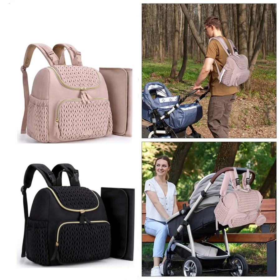 Backpack Diaper Bag - กระเป๋าเป้สะพายหลังสำหรับคุณแม่ตั้งครรภ์ความจุขนาดใหญ่ ลายถัก พร้อมแผ่นรองเปลี่ยนผ้าอ้อม สำหรับเดินทางกลางแจ้งและแขวนกับรถเข็นเด็ก