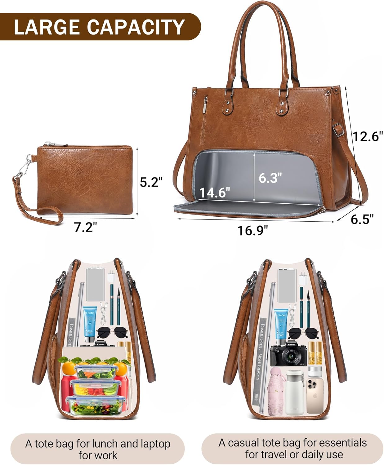 Laptop Backpack 15.6 - กระเป๋าใส่แล็ปท็อป 2 in 1 พร้อมช่องเก็บอาหารแบบมีฉนวนสำหรับผู้หญิงทำงาน กระเป๋าใส่อาหารทำจากหนัง
