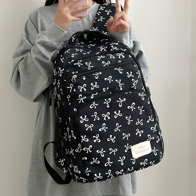 Sling Backpack Shoulder - กระเป๋าเป้ลายโบว์น่ารัก 3 ชิ้น พร้อมกระเป๋าสะพายข้างและกระเป๋าเก็บของ กระเป๋าสะพายไหล่ไนลอนเนื้อนุ่ม ความจุขนาดใหญ่