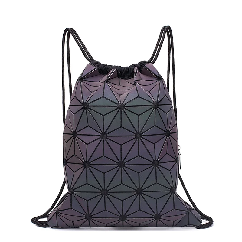 Fashion Backpack Women - ใหม่กระเป๋าเป้สะพายหลังแบบมีเชือกรูดสำหรับผู้หญิงกระเป๋าเป้สะพายหลังแนวเรขาคณิตเรืองแสงสำหรับวัยรุ่น tas Sekolah anak perempuan กระเป๋าชายหาด