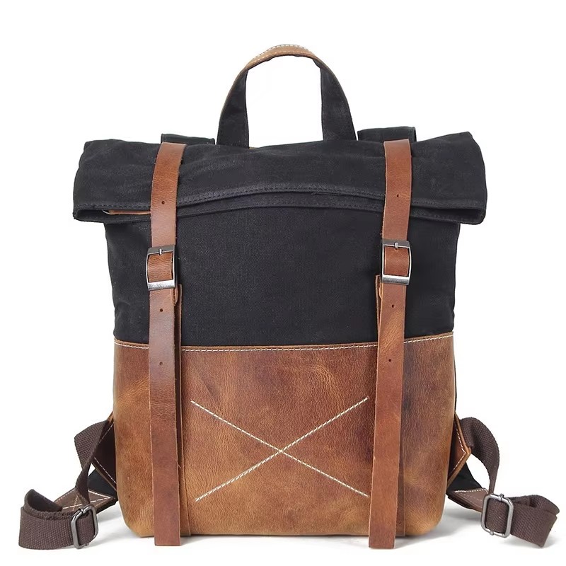Leather Backpack Vintage - แฟชั่นผู้ชายกระเป๋าเป้สะพายหลังผ้าใบเคลือบแว็กซ์พร้อมกระเป๋าเป้สะพายหลังหนังวัวความจุขนาดใหญ่กันน้ำกระเป๋าเดินทางกระเป๋านักเรียนกระเป๋าเป้สะพายหลัง