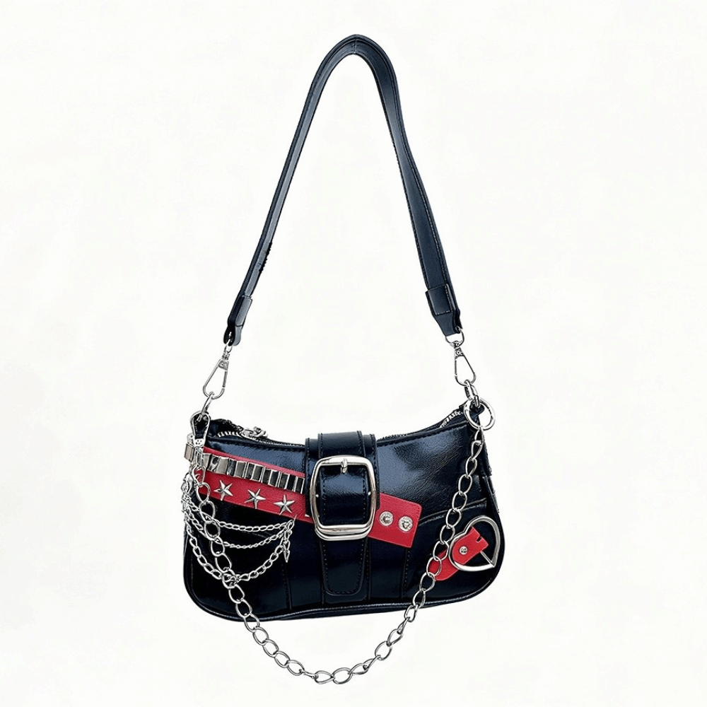 Leather Backpack Vintage - กระเป๋าสะพายวินเทจ Y2K หนัง PU สายโซ่สีเงิน กระเป๋าใต้วงแขน