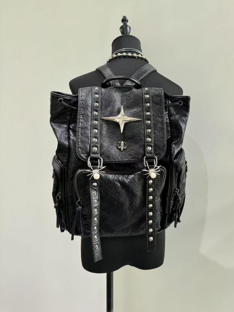 Leather Backpack Vintage - โกธิคพังค์กระเป๋าสะพายหนัง PU หมุดย้ำ Y2K กระเป๋าเป้สะพายหลังสำหรับสตรีวินเทจฮาราจูกุกระเป๋าเป้สะพายหลังวิทยาลัยกระเป๋าขนาดใหญ่