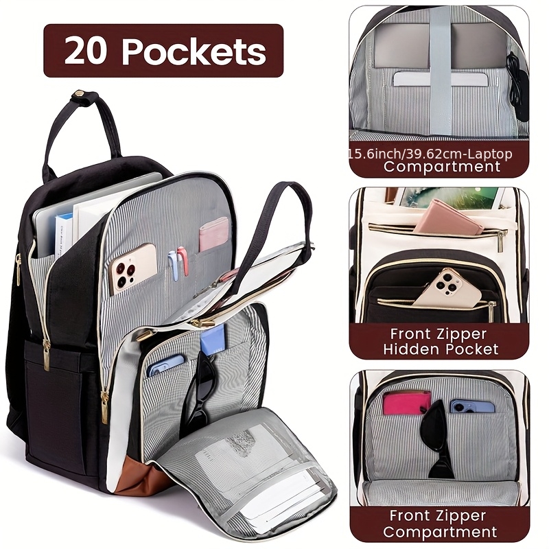 Laptop Backpack 15.6 - กระเป๋าเป้สะพายหลังสำหรับผู้หญิงแบบสองสี กันน้ำ น่ารัก เหมาะสำหรับเดินทางและทำงาน พร้อมซิปสีทอง ใส่โน้ตบุ๊คขนาด